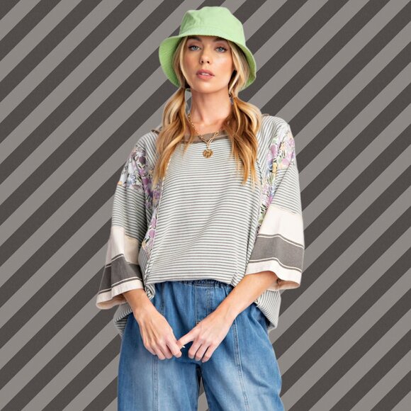 EASEL “Great Vibes” Mixed Print Relaxed & Stretchy Fit Top Defined Seams Details - Picture 11 of 16